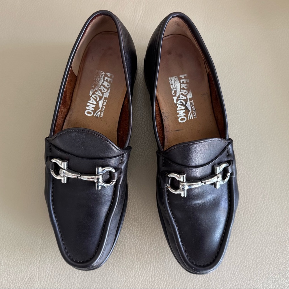 Salvatore Ferragamo Women’s Black Leather Loafers with Silver Accents